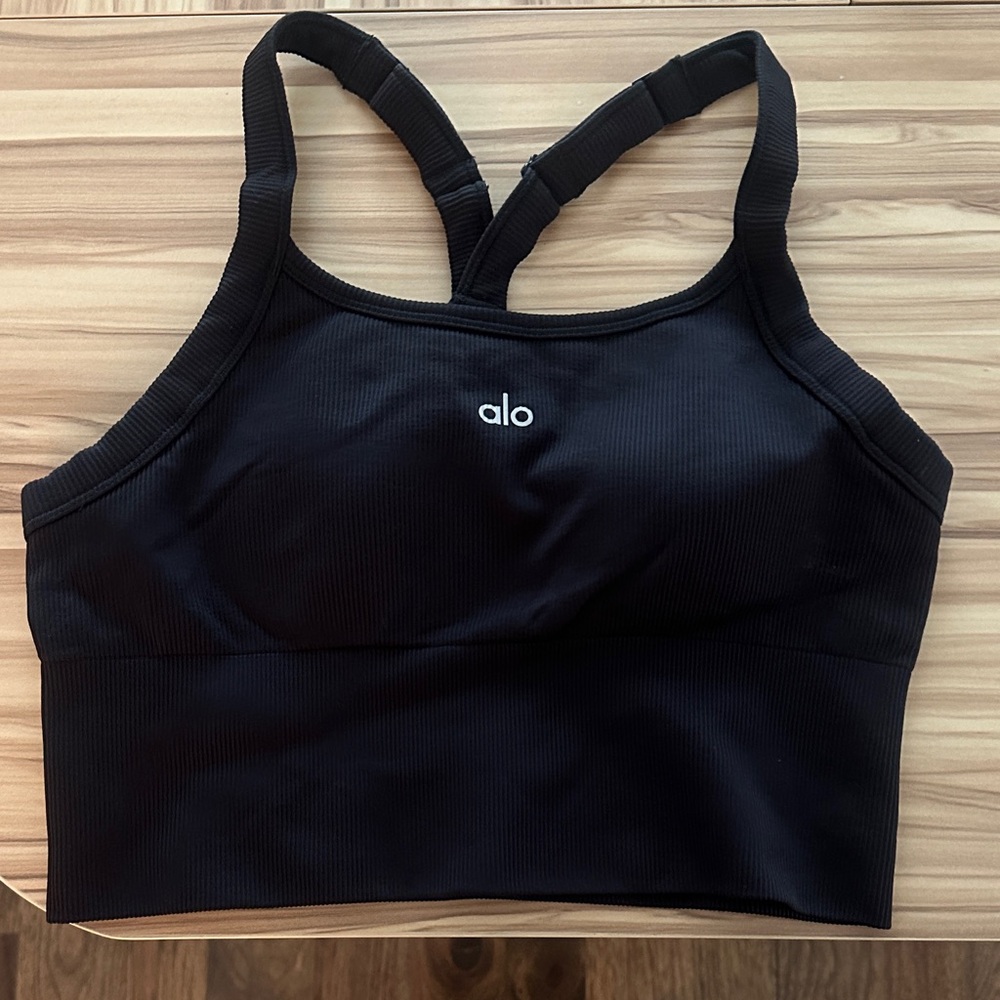 ALO Yoga Black Ribbed Strappy Sports Bra